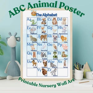 Könnte beinhalten: Ein gerahmtes ABC-Tierposter mit Aquarellillustrationen von Tieren für jeden Buchstaben des Alphabets. Der Text "ABC Animal Poster", "The Alphabet" und "Printable Nursery Wall Art" ist enthalten.
