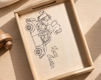 Gepersonaliseerd houten Montessori-dienblad met dieren en naam | Decoratie voor baby- en kinderkamer | Pyrografie | Ontbijtdienblad voor peuters