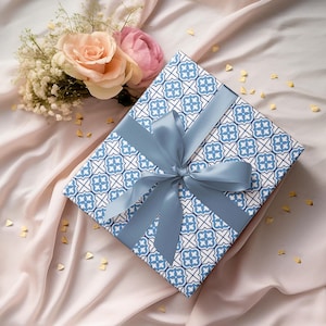 Seamless blue tiles wrapping paper, Spanish ceramic pattern gift wrap for weddings, birthdays, holidays, Father&#39;s Day, matte, glossy finish