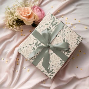 Botanical Pastel Wrapping Paper, Nature Inspired Gift for Holidays, Birthday or Baby Shower, Beige Green Foliage, Matte or Glossy Finish