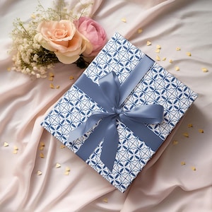 Seamless blue tiles wrapping paper, Mediterranean style gift wrap for birthday, Father&#39;s Day, wedding, or holiday, elegant finish