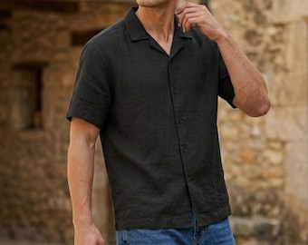 Cuban Collar Linen Shirt – Mens Relaxed Summer Button Up, Coastal Beach Outfit, Resort Fashion