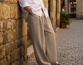 Men’s Linen Cotton Wide Leg Pants – Summer Loose Trousers, Casual Beachwear, Minimalist Streetwear, Breathable Vintage Style