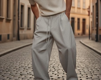 Men’s Wide Leg Trousers – Relaxed Fit Cargo Slacks, Minimalist Street Style Pants, Fall Fashion, Elastic Waist Linen Blend Pants
