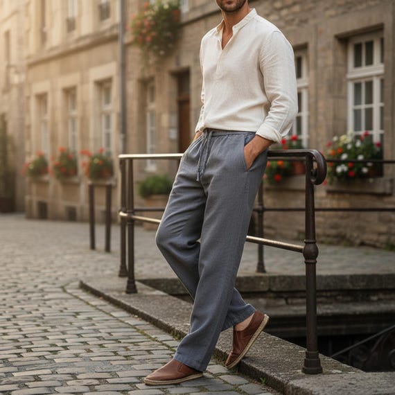 Men’s Linen Pants – Casual Drawstring Trousers, Lightweight Summer Beachwear, Relaxed Fit Straight Leg, Breathable Travel Outfit