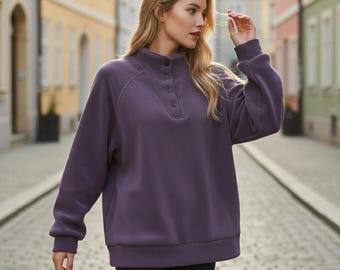 Women’s Plush Button Sweater – Soft Modal Blend Half Turtleneck Pullover, Warm Stretchy Long Sleeve Top, Plus Size Fall Winter Wear