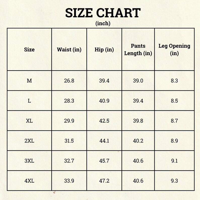 Pu&ograve; includere: Una tabella delle taglie in formato griglia, con misure in pollici. La tabella include misure di vita, fianchi, lunghezza dei pantaloni e apertura della gamba per le taglie M-4XL. Il testo "SIZE CHART (inch)" &egrave; in alto.