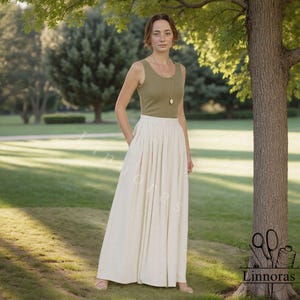 Linen Cotton Maxi Skirt: High Waist Pleated A-Line Boho Skirt