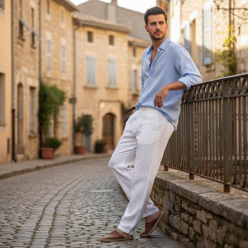 Stylish man in white linen drawstring pants leaning casually on railing in a warm city scene.