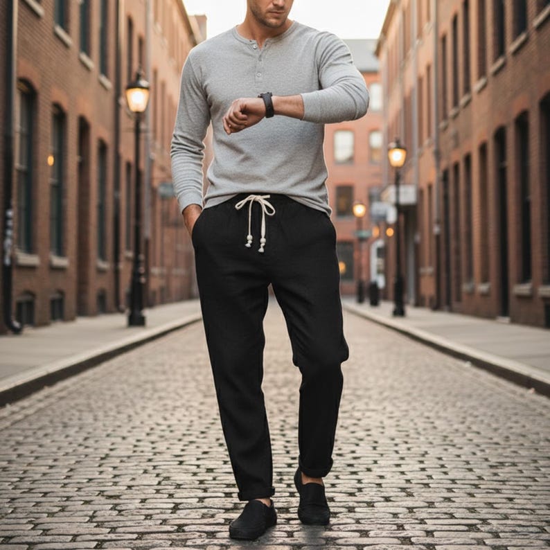 Black cotton linen jogger pants for men with drawstring closure, minimalist style.