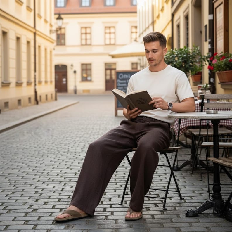 May include: A person seated outdoors, reading a book. They wear a cream-colored t-shirt, dark brown pants, and sandals. The scene is set on a cobblestone street with buildings in the background.
