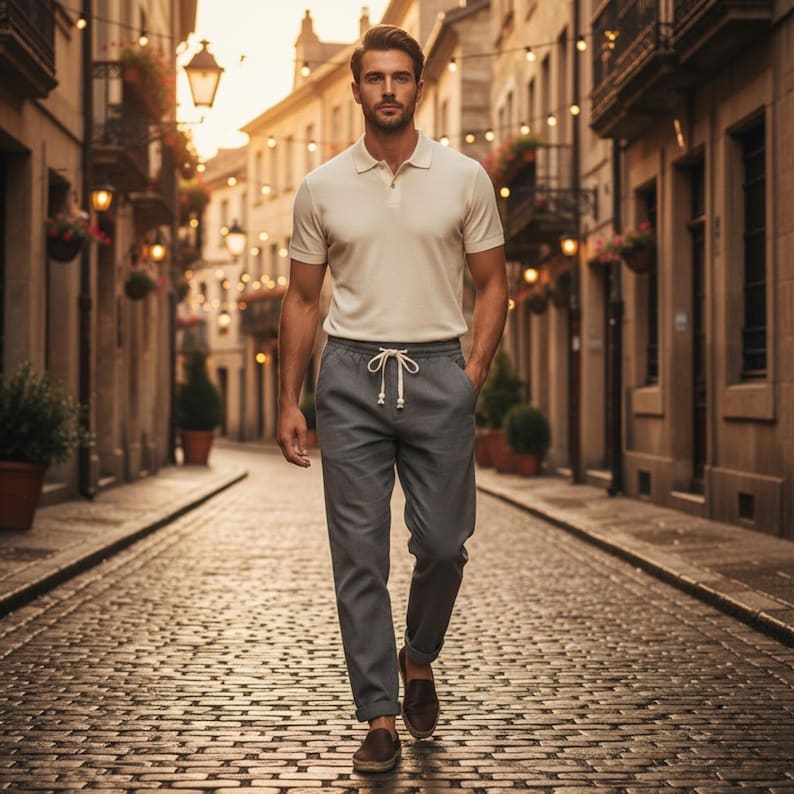 May include: A man wearing a cream-colored polo shirt and gray drawstring pants walks down a cobblestone street. He is wearing brown loafers. The background features buildings with lights and flower baskets, creating a warm, inviting atmosphere.