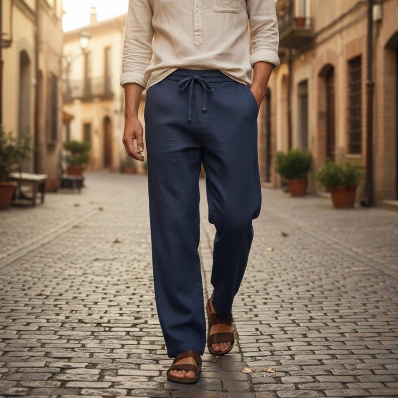 Pu&ograve; includere: Pantaloni di lino blu navy con coulisse in vita. I pantaloni sono abbinati a una camicia beige chiaro a maniche lunghe e sandali in pelle marrone. La persona cammina su una strada acciottolata.