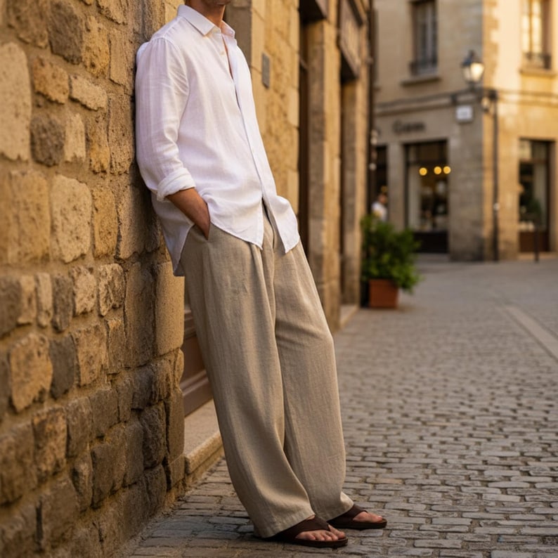May include: A person wearing a white button-down shirt and beige linen pants. The person is leaning against a stone wall. The outfit is paired with brown sandals. The background shows a cobblestone street and buildings.