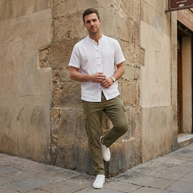 May include: A person wearing a white short-sleeve shirt with a mandarin collar and olive green cargo pants. The person is also wearing a silver watch and white sneakers. The person is leaning against a stone wall.