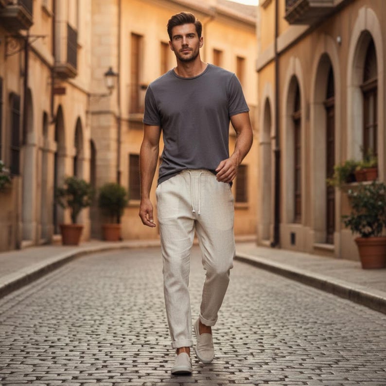 May include: A person wearing a gray crew neck t-shirt and beige linen pants with a drawstring waist walks down a cobblestone street. The person is also wearing beige slip-on shoes. The background features buildings with arched windows and potted plants.