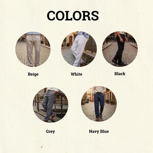 Pu&ograve; includere: Immagine che mostra cinque paia di pantaloni in diversi colori: beige, bianco, nero, grigio e blu navy. Ogni paio &egrave; mostrato in una cornice circolare con il nome del colore sottostante. La parola "COLORS" &egrave; in alto.