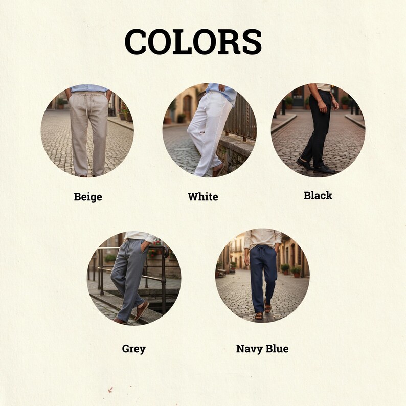 Pu&ograve; includere: Immagine che mostra cinque paia di pantaloni in diversi colori: beige, bianco, nero, grigio e blu navy. Ogni paio &egrave; mostrato in una cornice circolare con il nome del colore sottostante. La parola "COLORS" &egrave; in alto.