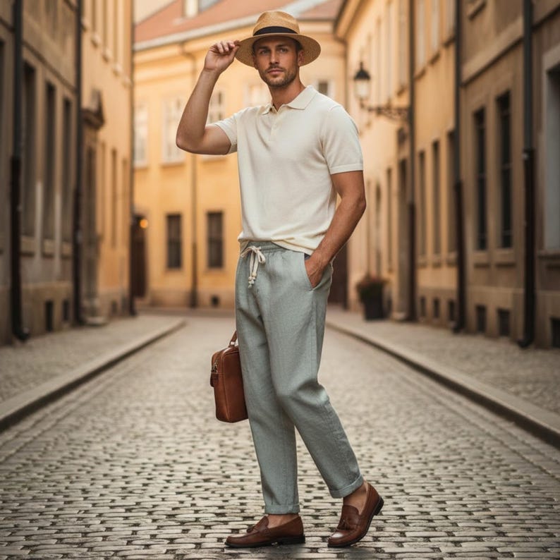 Light gray men’s cotton linen drawstring pants with elastic waist and straight fit style.