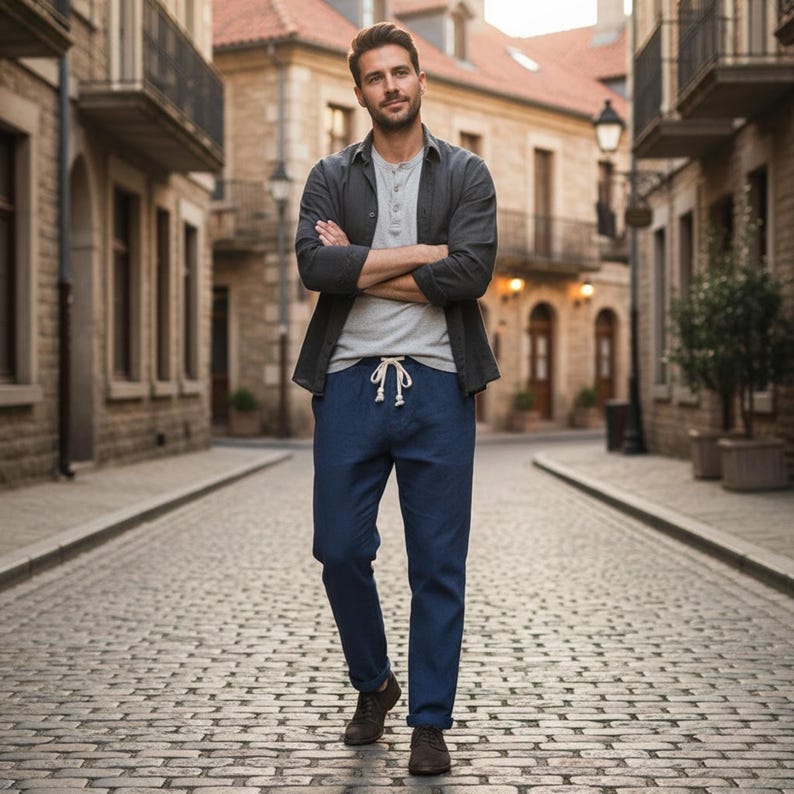 May include: A man wearing a gray t-shirt, a dark gray button-up shirt, and navy blue drawstring pants. He is wearing brown shoes and standing on a cobblestone street. The background features buildings with red tile roofs.