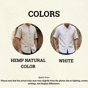 May include: The image displays two short-sleeved shirts, one in hemp natural color and the other in white. The shirts have a mandarin collar and button closures. The text "COLORS", "HEMP NATURAL COLOR", and "WHITE" are also visible.