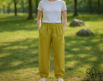 Pantalons d'été pour femmes en lin et coton mélangés à taille élastique - Vêtements bohèmes modernes, Pantalons décontractés d'été confortables, Pantalons larges, Pantalons en lin doux