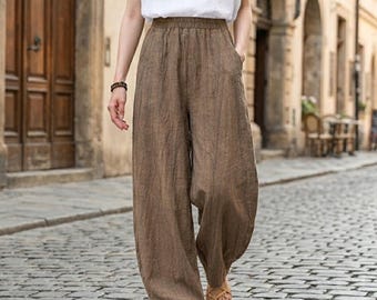 Linen Harem Pants for Women – Boho Wide Leg Trousers, Elastic Waist Palazzo Pants, Loose Summer Pants, Cottagecore Clothing