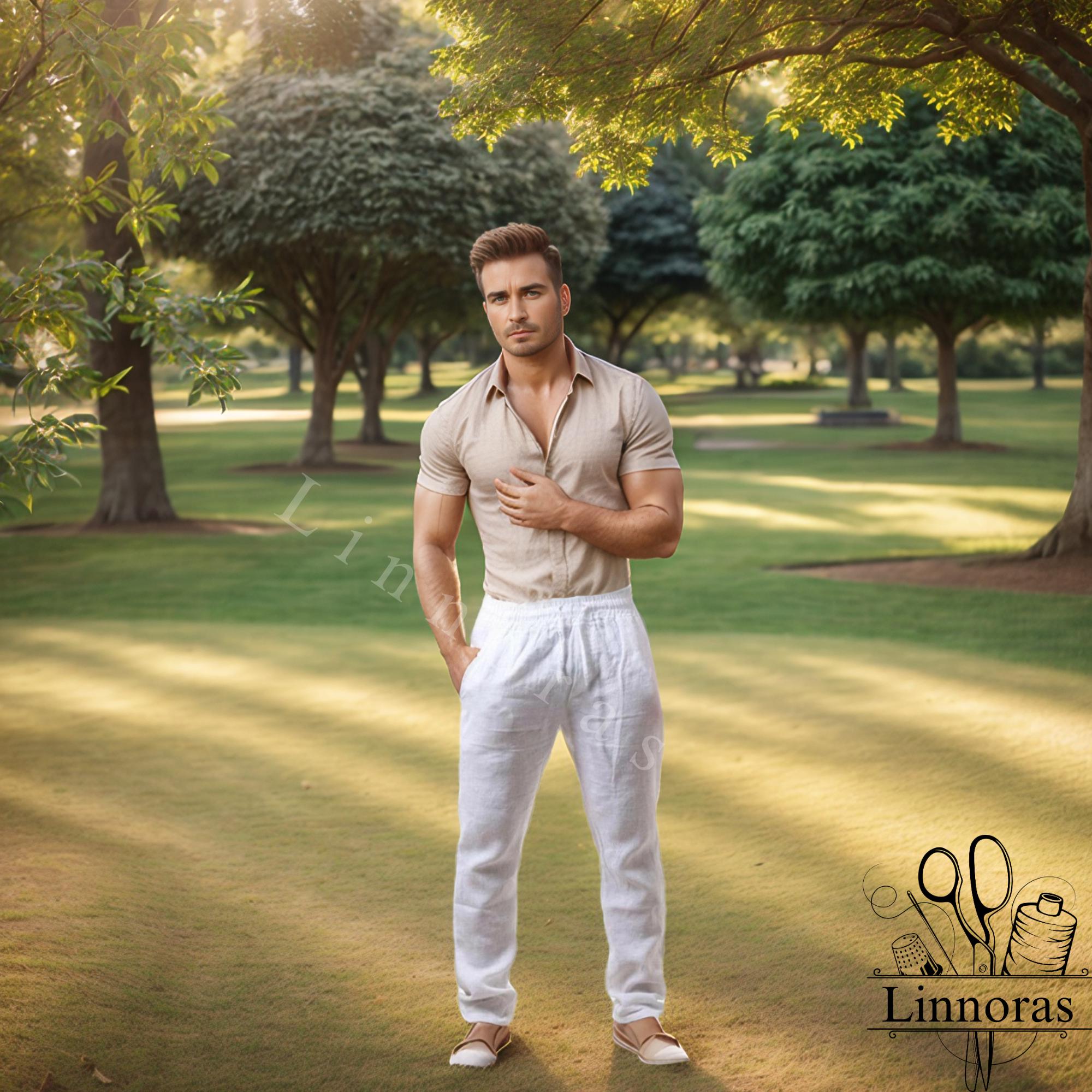 Pantalons lin et coton pour hommes - Pantalons de jogging légers et décontractés pour la plage, pantalons bio pour homme, pantalons cadeau pour lui