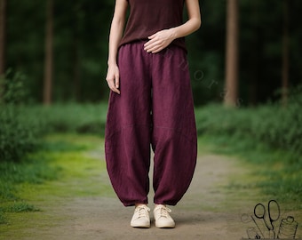 Sarouel bohème en lin femme - Pantalon ample en coton, pantalon ballon d'été large, pantalon de yoga lounge avec poches, pantalon portefeuille en lin