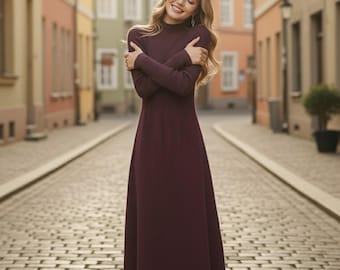 Wollmischung stricken Midi Pullover Kleid - Langarm Rollkragen A-Linie Kleid für Frauen, elegantes Winter Outfit, gemütliche Herbst Strickkleid