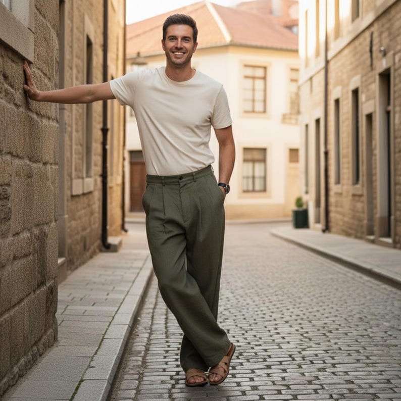 Men’s army green cotton linen trousers styled with beige t-shirt and sandals – relaxed summer streetwear