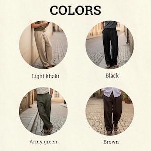 May include: The word "COLORS" is displayed above four images of pants in different colors: light khaki, black, army green, and brown. Each image shows a person wearing the pants in a circular frame, with the color name below each image.