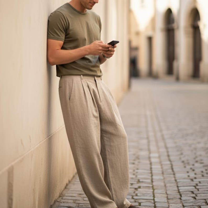 May include: A person wearing an olive green short-sleeve t-shirt and beige pleated trousers. The person is leaning against a light-colored wall and holding a black smartphone. The background features a cobblestone street and arched doorways.