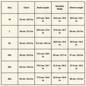 May include: A size chart for a garment, likely a shirt, with measurements in both centimeters and inches. The chart includes sizes M through 4XL, detailing chest, back length, shoulder width, and sleeve length measurements.