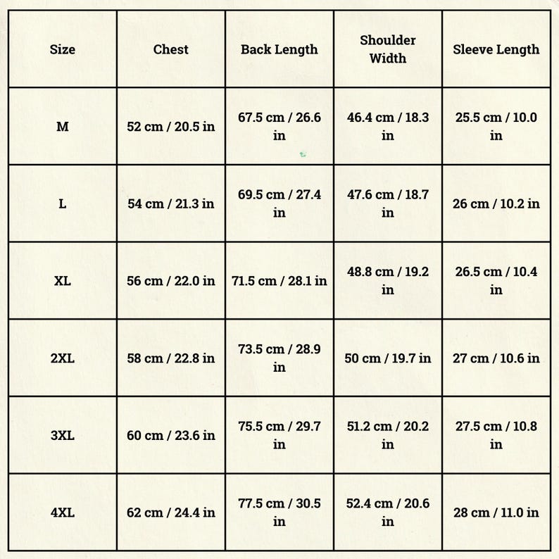 May include: A size chart for a garment, likely a shirt, with measurements in both centimeters and inches. The chart includes sizes M through 4XL, detailing chest, back length, shoulder width, and sleeve length measurements.