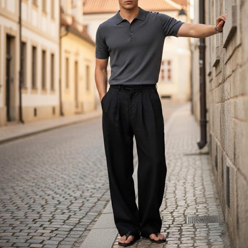 Man wearing black linen cotton wide-leg pants with grey polo on cobblestone street – minimalist men’s outfit