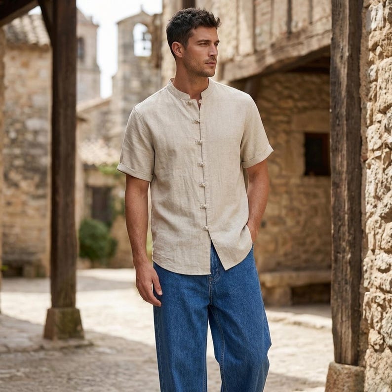 Boho mandarin collar Tencel shirt with short sleeves and rustic frog button details in natural beige.