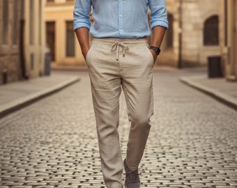 Men’s Linen Drawstring Pants – Summer Beach Trousers, Casual Lightweight Hemp Blend, Yoga Lounge Pants, Boho Travel Outfit