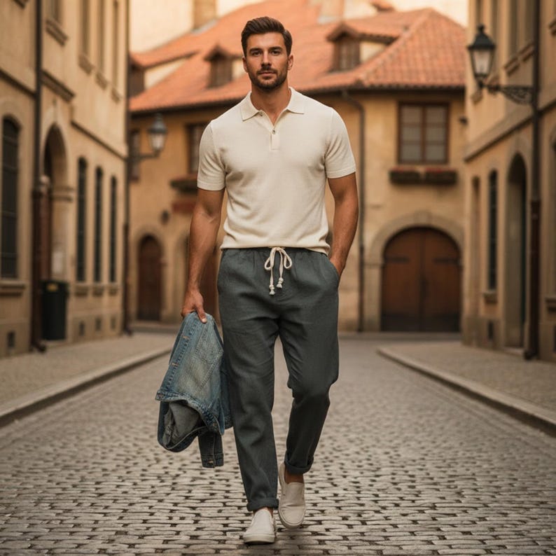 May include: A man wearing a cream-colored polo shirt, gray drawstring pants, and white slip-on shoes walks down a cobblestone street. He carries a denim jacket. The background features buildings with red-tiled roofs.