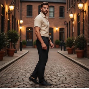Pu&ograve; includere: Un uomo indossa una camicia beige a maniche corte e pantaloni neri. L'outfit &egrave; abbinato a scarpe di pelle nere. Lo sfondo &egrave; una strada in mattoni con lampioni ed edifici.