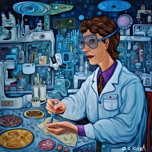 Puede incluir: Una pintura artística representa a una científica con bata de laboratorio y gafas de seguridad, trabajando con un tubo de ensayo. El entorno del laboratorio está lleno de equipos científicos y una variedad de platos con muestras. La paleta de colores está dominada por azules y blancos.
