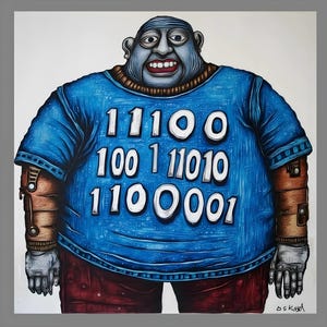 May include: An artwork depicting a blue-skinned person wearing a blue t-shirt printed with binary code. The figure is smiling and wearing brown trousers. The arms and hands have a robotic appearance. The painting is signed in the bottom right.