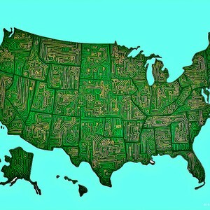May include: A stylized map of the United States, rendered in green and gold circuit board patterns. The artwork is set against a light blue background. The design includes Alaska and Hawaii, with intricate details representing each state.