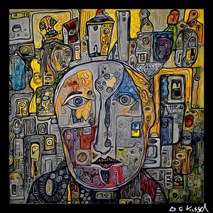 May include: Abstract portrait art with a central face composed of geometric shapes and patterns. The artwork features a color palette of yellow, gray, blue, and red, with a black border. Signed by the artist, O.G. Kissel.