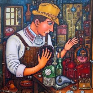 May include: A colorful painting depicts a man in a yellow hat and apron examining objects on a table. The scene includes bottles, a green device, and a stylized face. The background is filled with mechanical-looking elements.