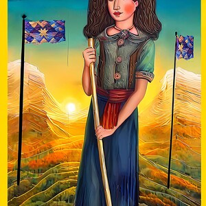 Pode incluir: Ilustração artística de uma pessoa com chapéu vermelho e vestido azul segurando uma vassoura. O fundo apresenta um pôr do sol sobre uma cordilheira, com bandeiras em ambos os lados. A imagem tem uma borda amarela e um design de placa de circuito.