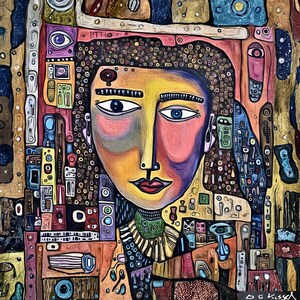 Könnte beinhalten: Ein farbenfrohes, abstraktes Porträtgemälde mit einem stilisierten Gesicht, großen Augen und roten Lippen. Das Kunstwerk verwendet eine lebendige Palette aus Gelb, Blau, Rot und Braun mit komplizierten Details und Mustern. Die Signatur des Künstlers befindet sich in der unteren rechten Ecke.
