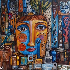 Könnte beinhalten: Abstraktes Ölgemälde mit einem stilisierten Gesicht in Blau-, Orange- und Brauntönen. Das Gesicht ist von einem Mosaik aus geometrischen Formen und Objekten in verschiedenen Farben umgeben, wodurch eine strukturierte, künstlerische Komposition entsteht.
