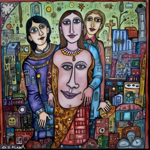 May include: A colorful, square painting featuring three stylized figures. The central figure has a large face overlaying their body. The background is filled with abstract shapes and architectural elements, with a green and red border.