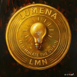 May include: A golden-yellow painting of a circular emblem with the word "LUMENA" at the top. The emblem features a lightbulb in the center, with the words "ILLUMINATE THE CHAIN" and the letters "LMN" below. The background is dark.